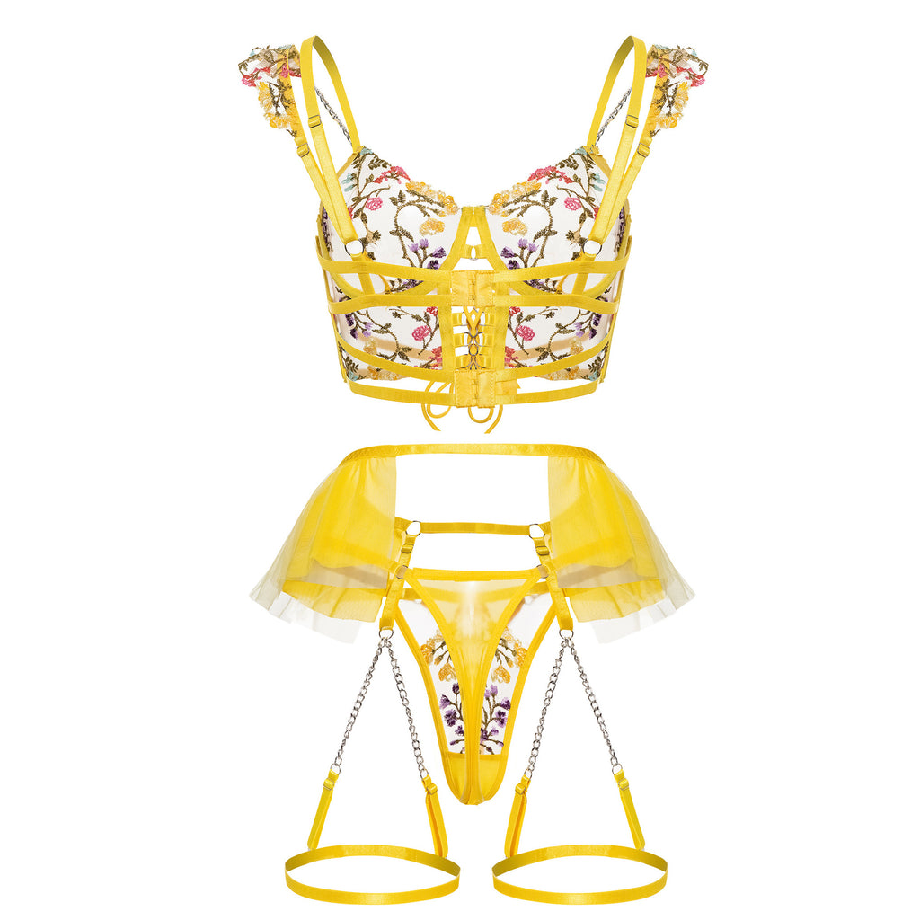 Sunburst Floral Embroidered Lace Corset Set Back View