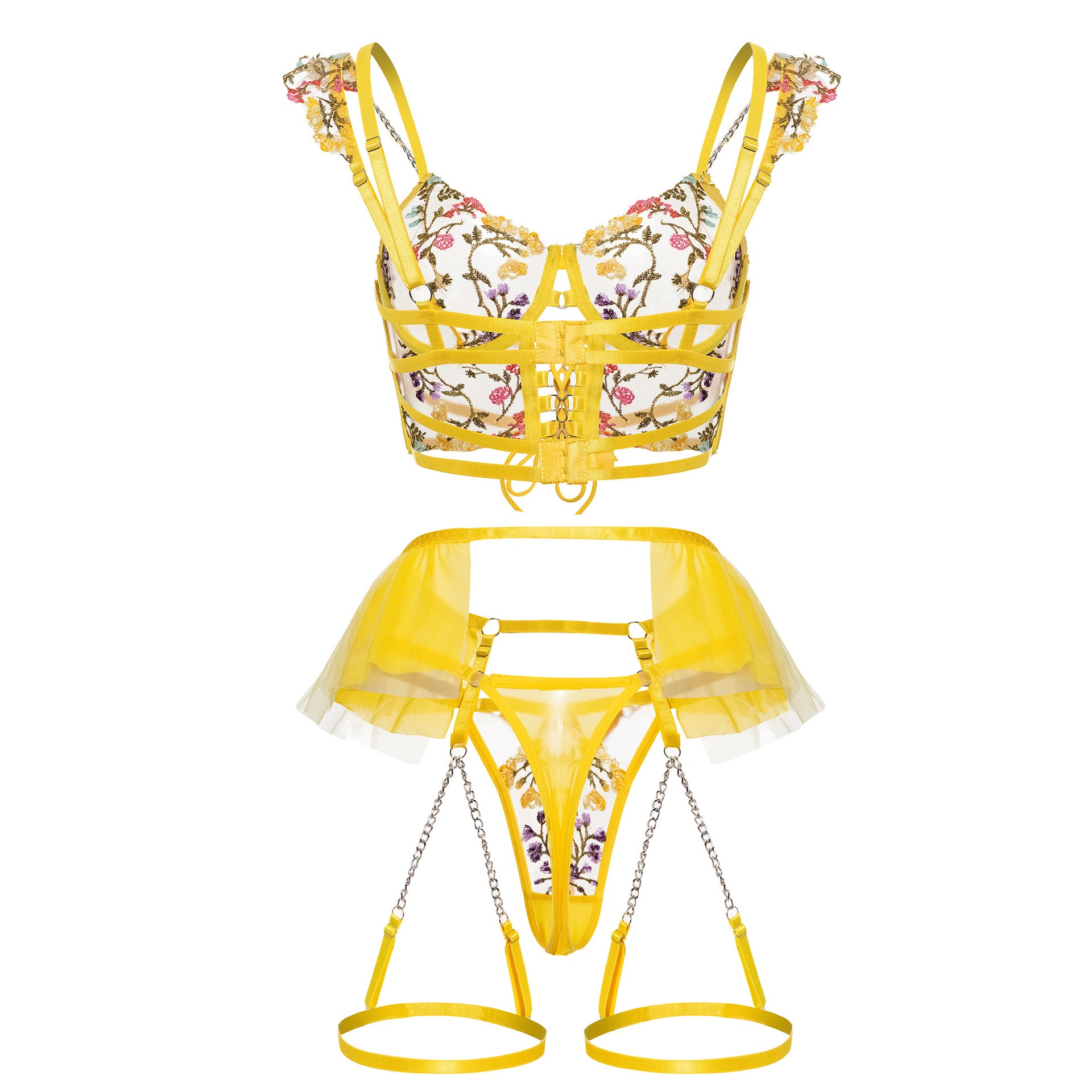 Sunburst Floral Embroidered Lace Corset Set Back View