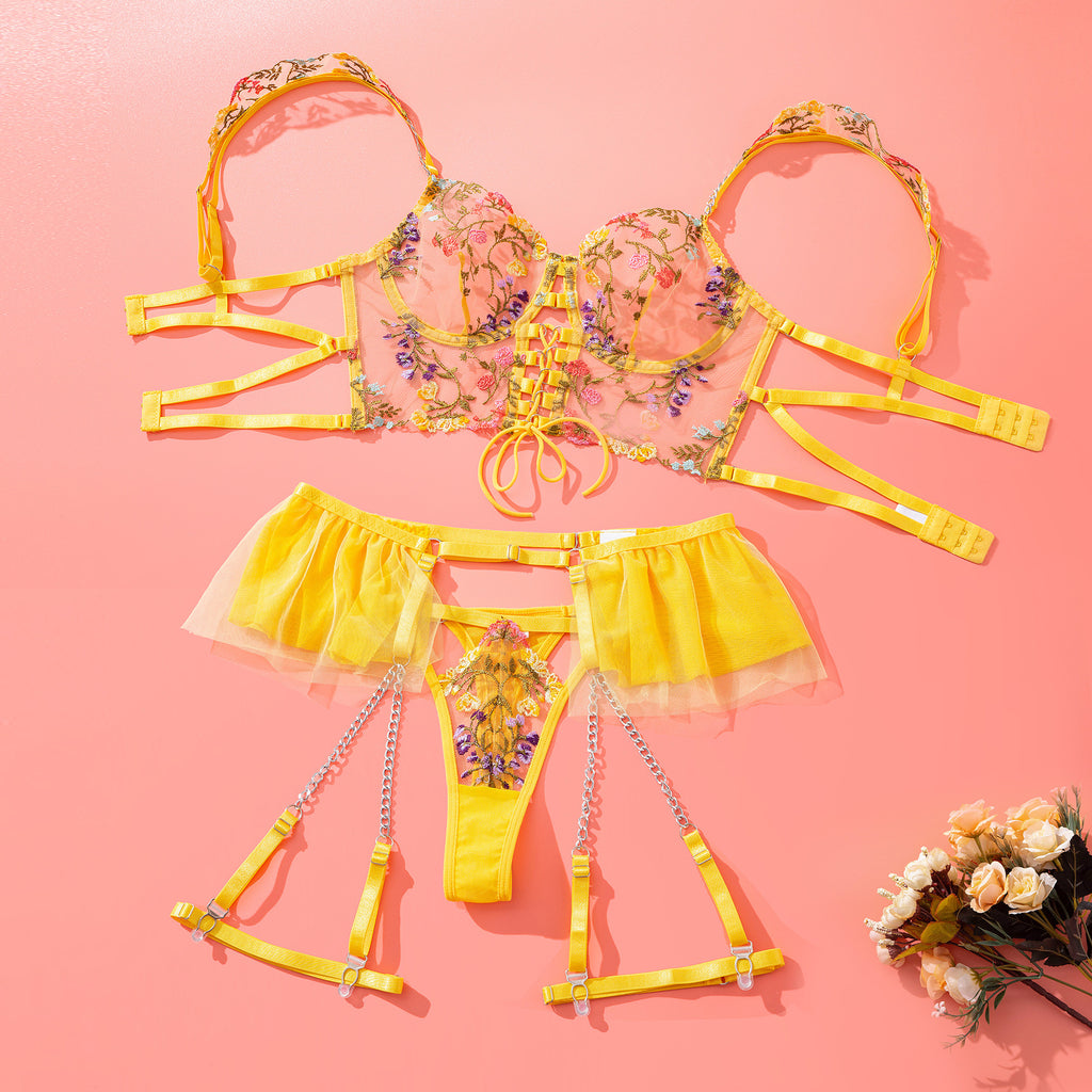 Sunburst Floral Embroidered Lace Corset Set Over View