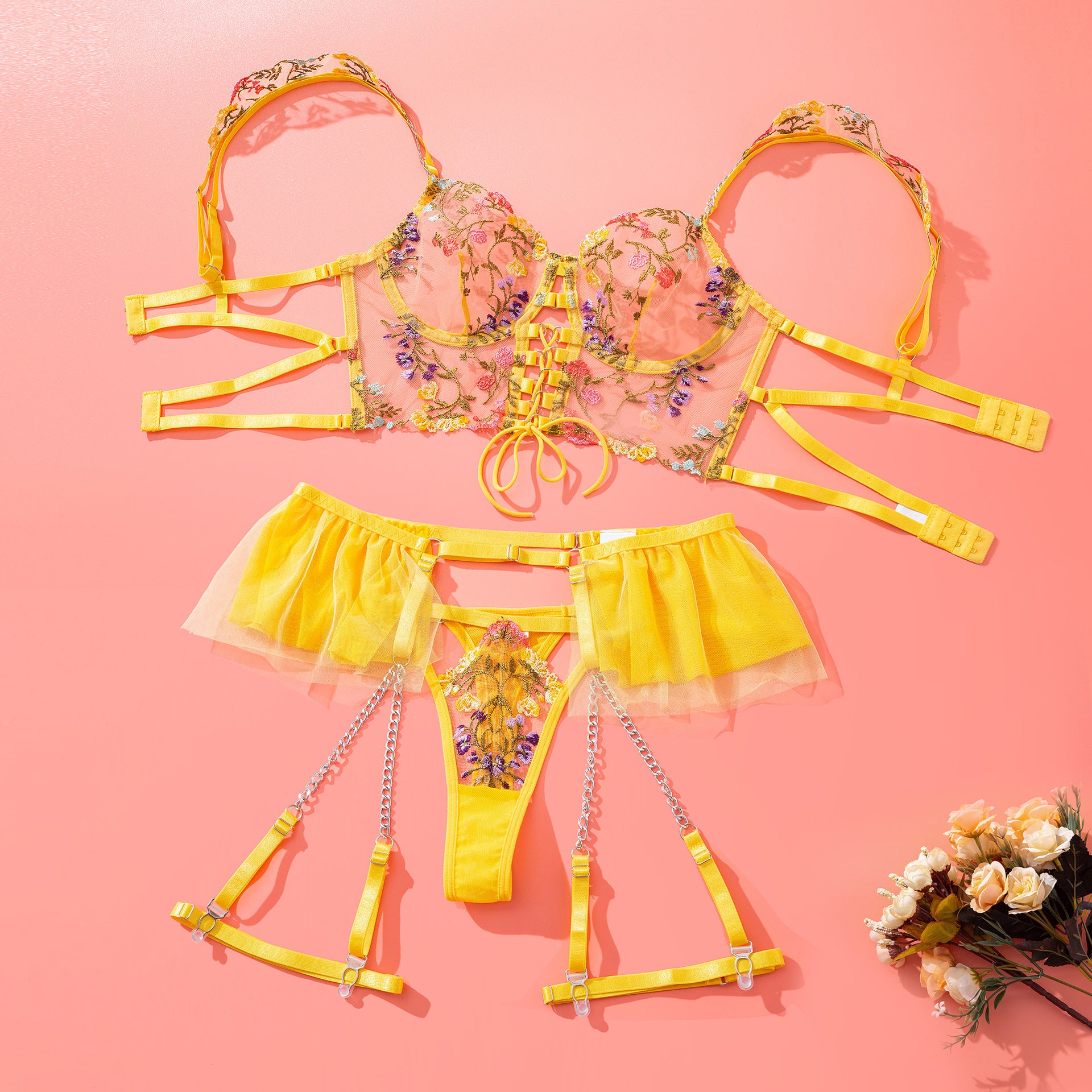 Sunburst Floral Embroidered Lace Corset Set Over View