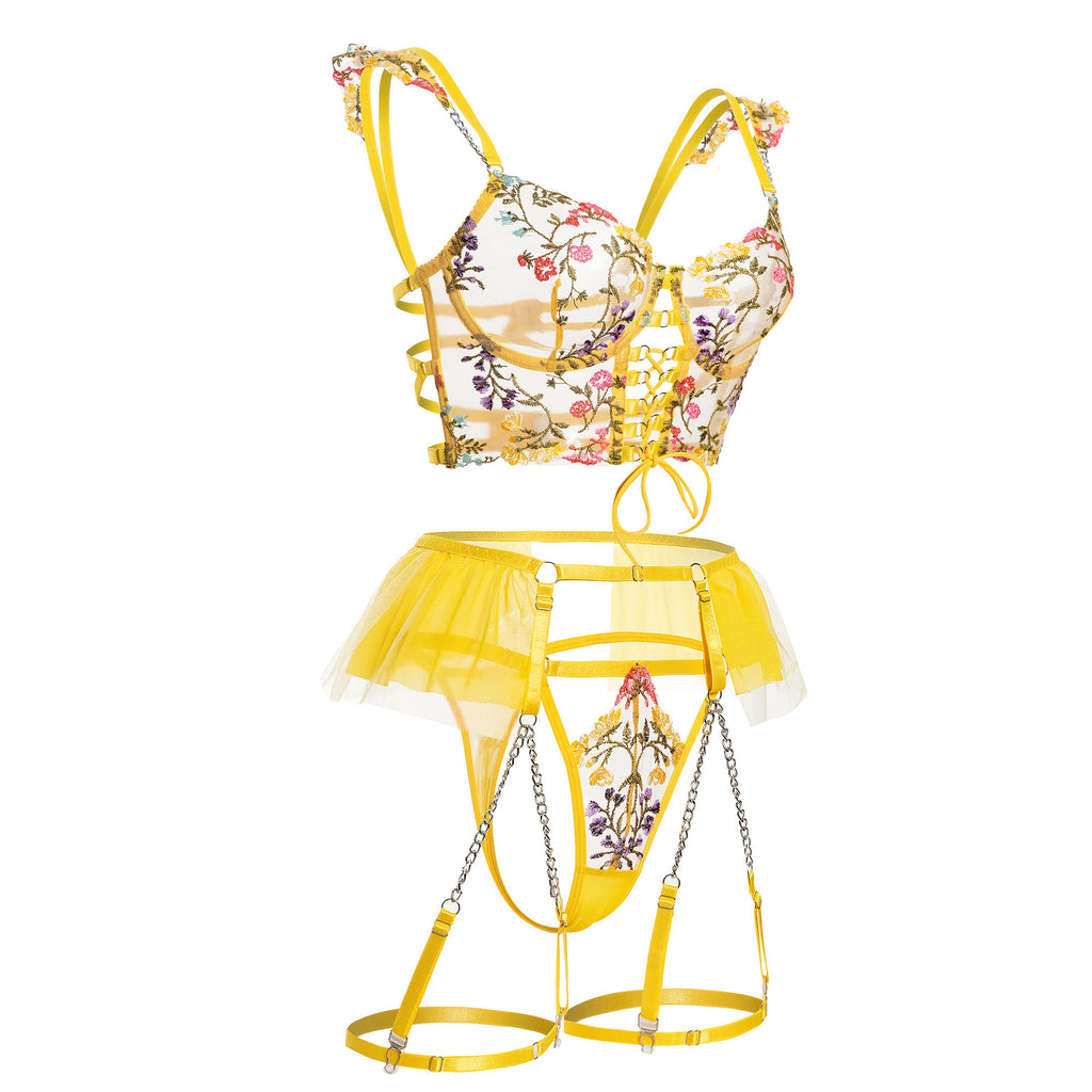 Sunburst Floral Embroidered Lace Corset Set Side View