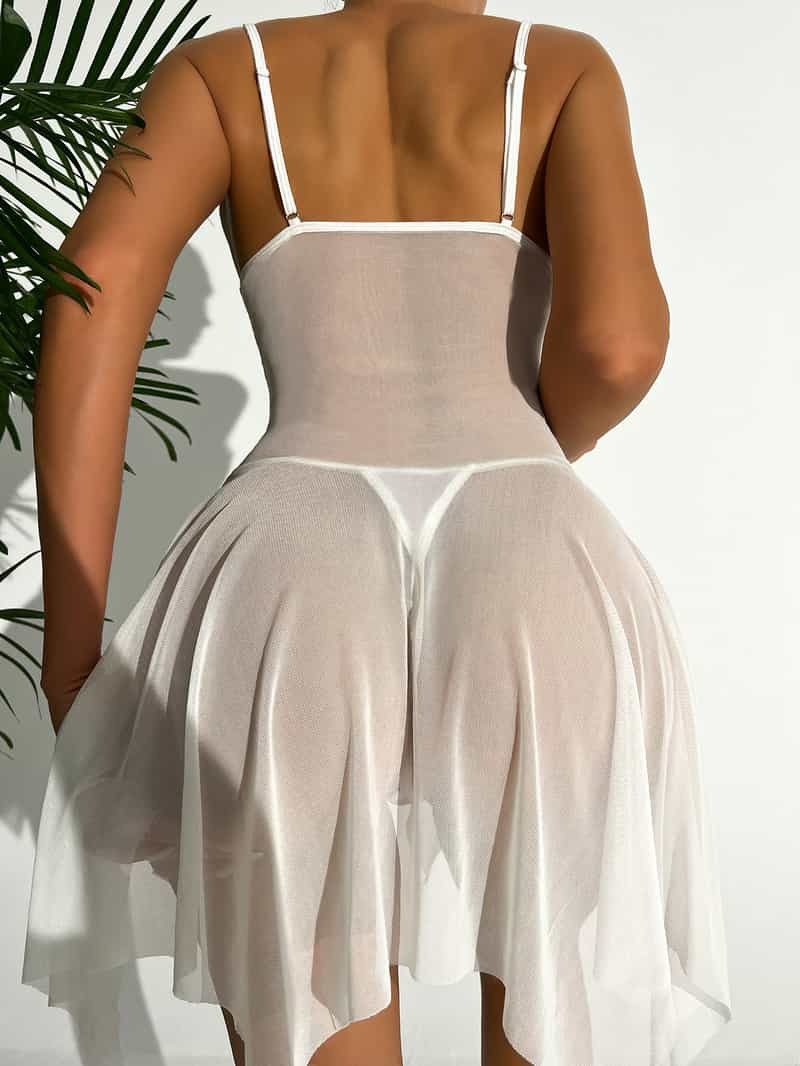 White Floral Lace Bow See Through Chemise Back Show On Model
