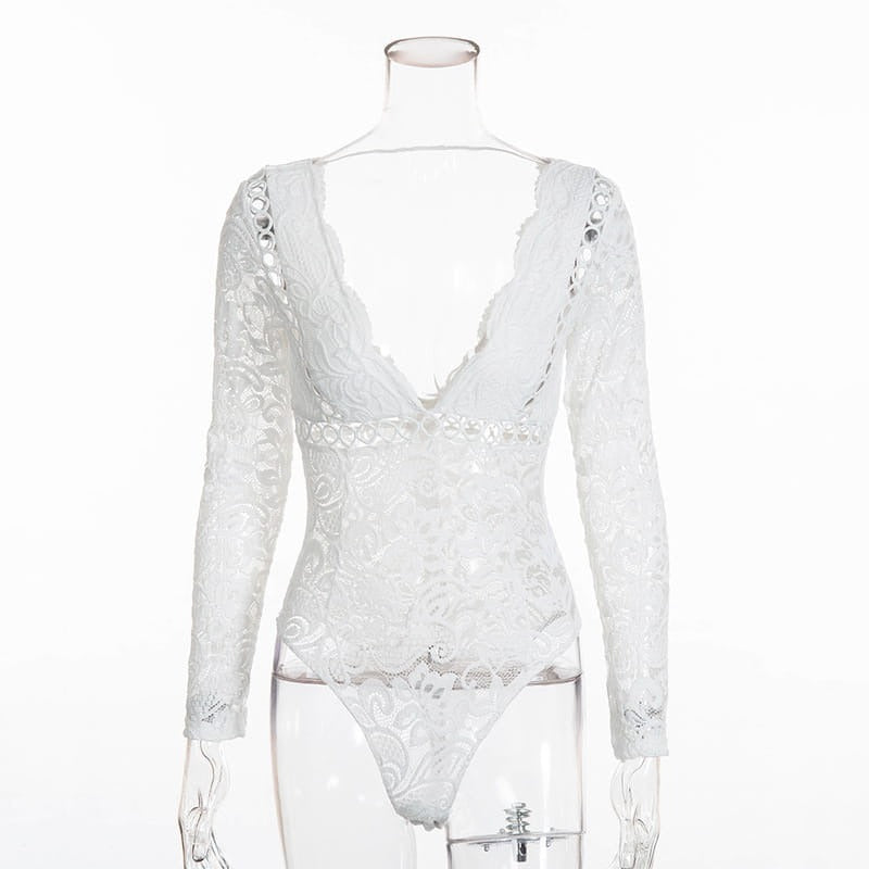 White Lace Cutout Deep V Long Sleeve Bodysuit