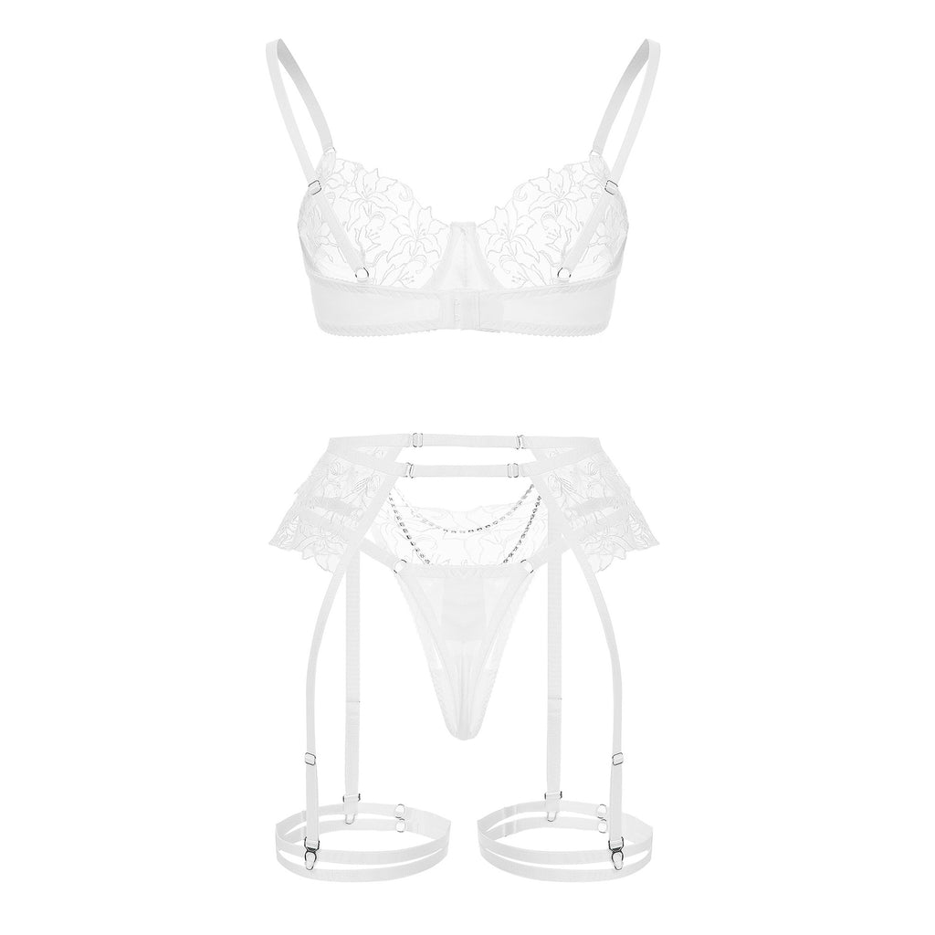White Sheer Lace Garter Lingerie Ensemble Back Model Show
