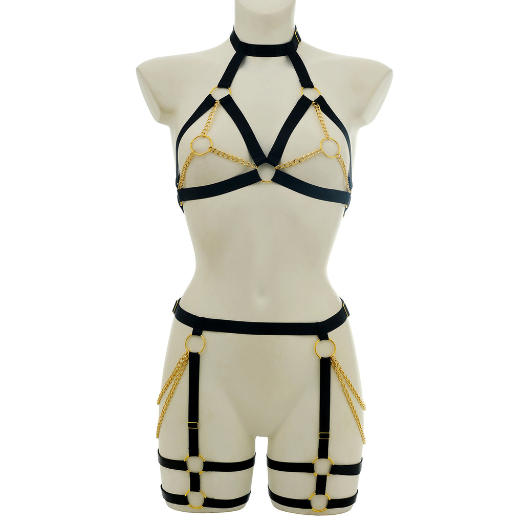 Wholesale Black Chain Harness Bra Set with Strappy Design