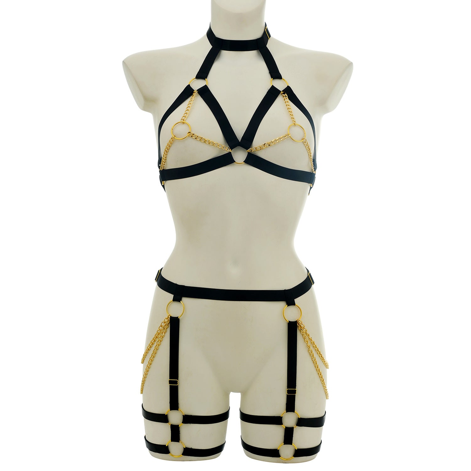 Wholesale Black Chain Harness Bra Set with Strappy Design