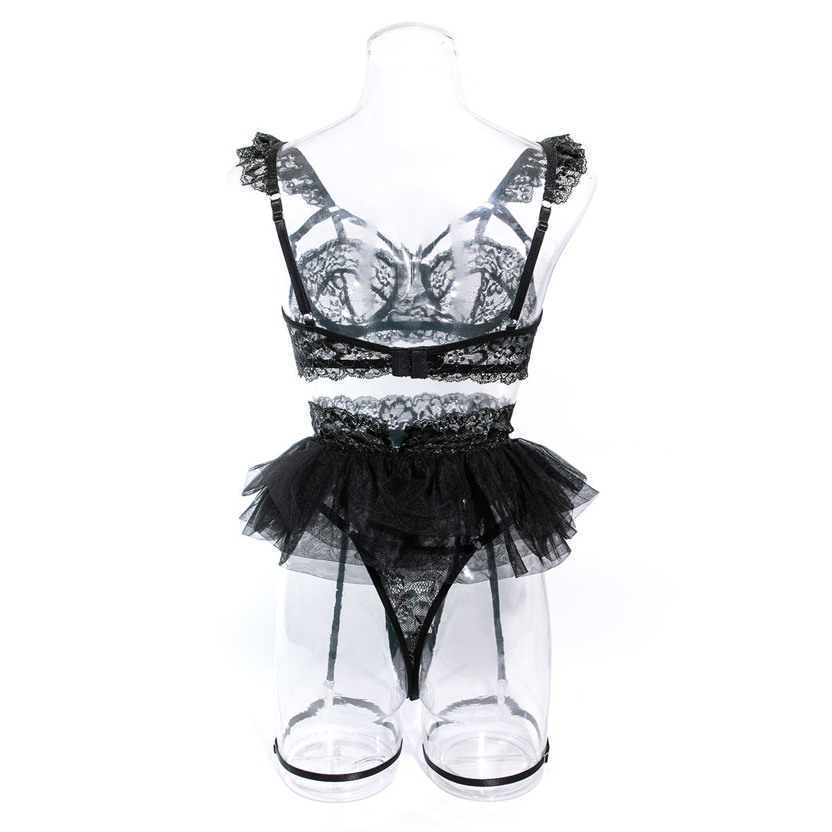 Wholesale Black Floral Lace Underwire Lingerie Set Back View