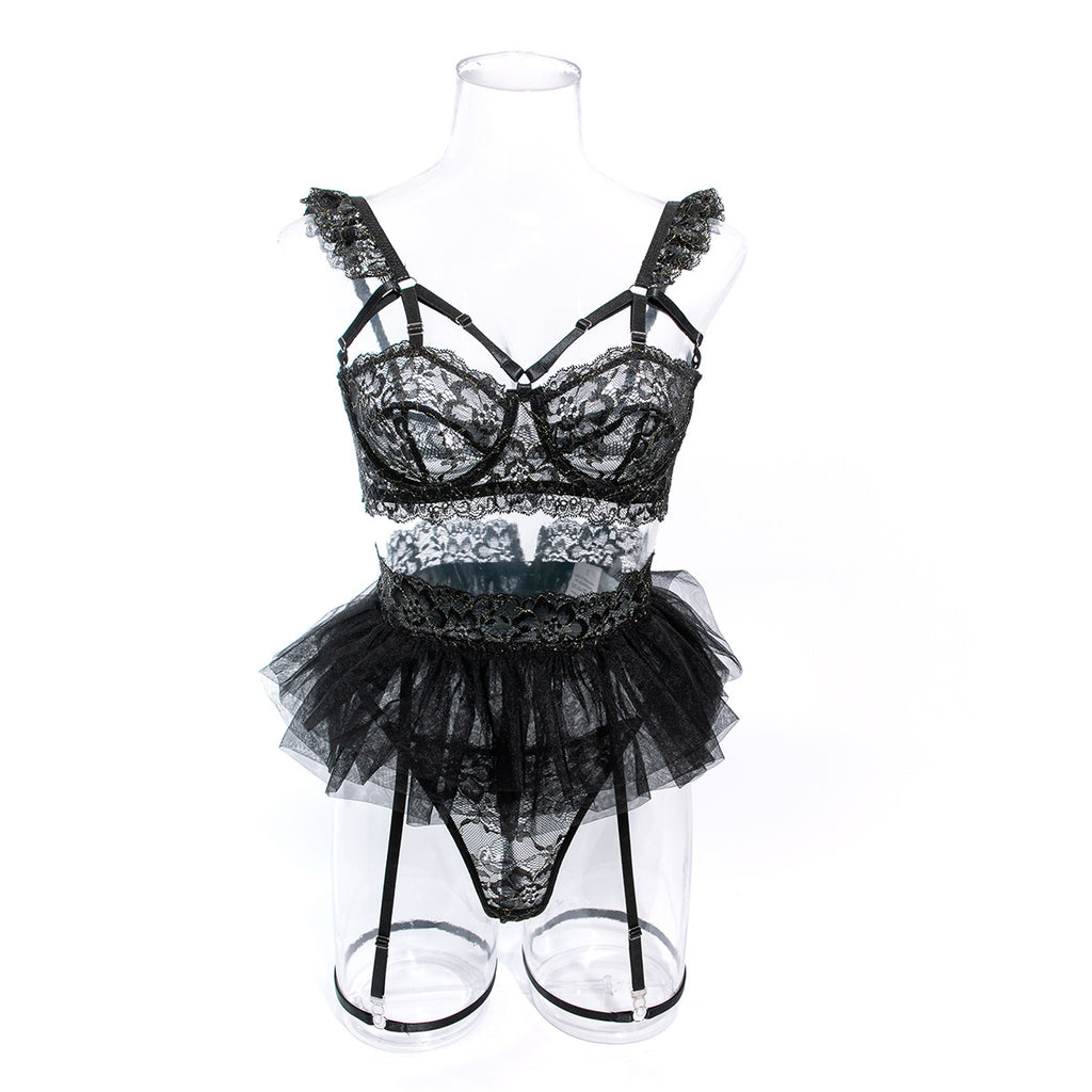 Wholesale Black Floral Lace Underwire Lingerie Set Front View