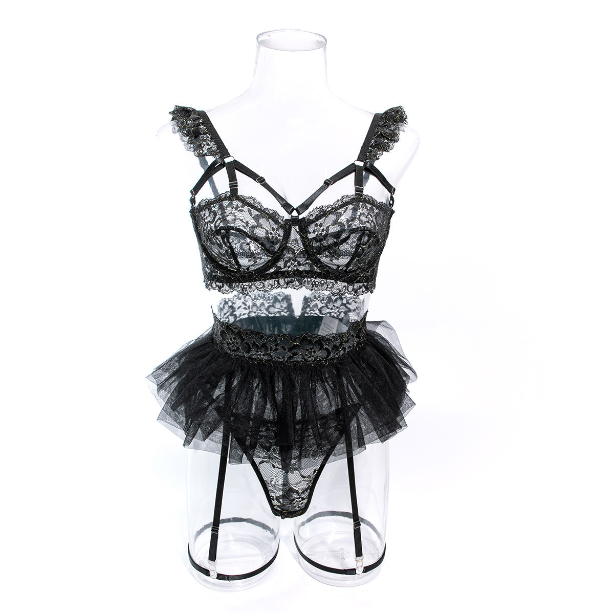 Wholesale Black Floral Lace Underwire Lingerie Set Front View