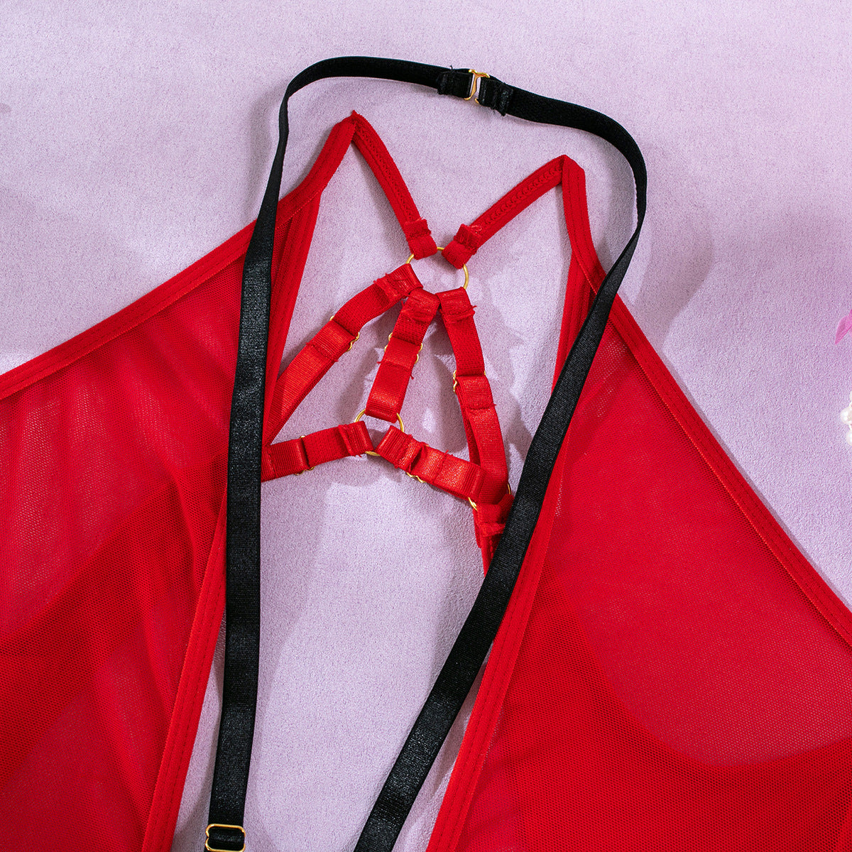 Wholesale Deep V Neck Bodysuit with Scoop Back in Red Mesh Harter Details