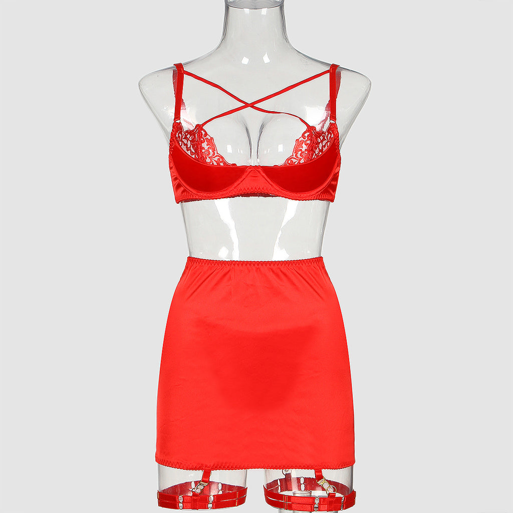 Wholesale Elegant Four-Piece Lingerie Set with Hip-Covering Skirt Front View