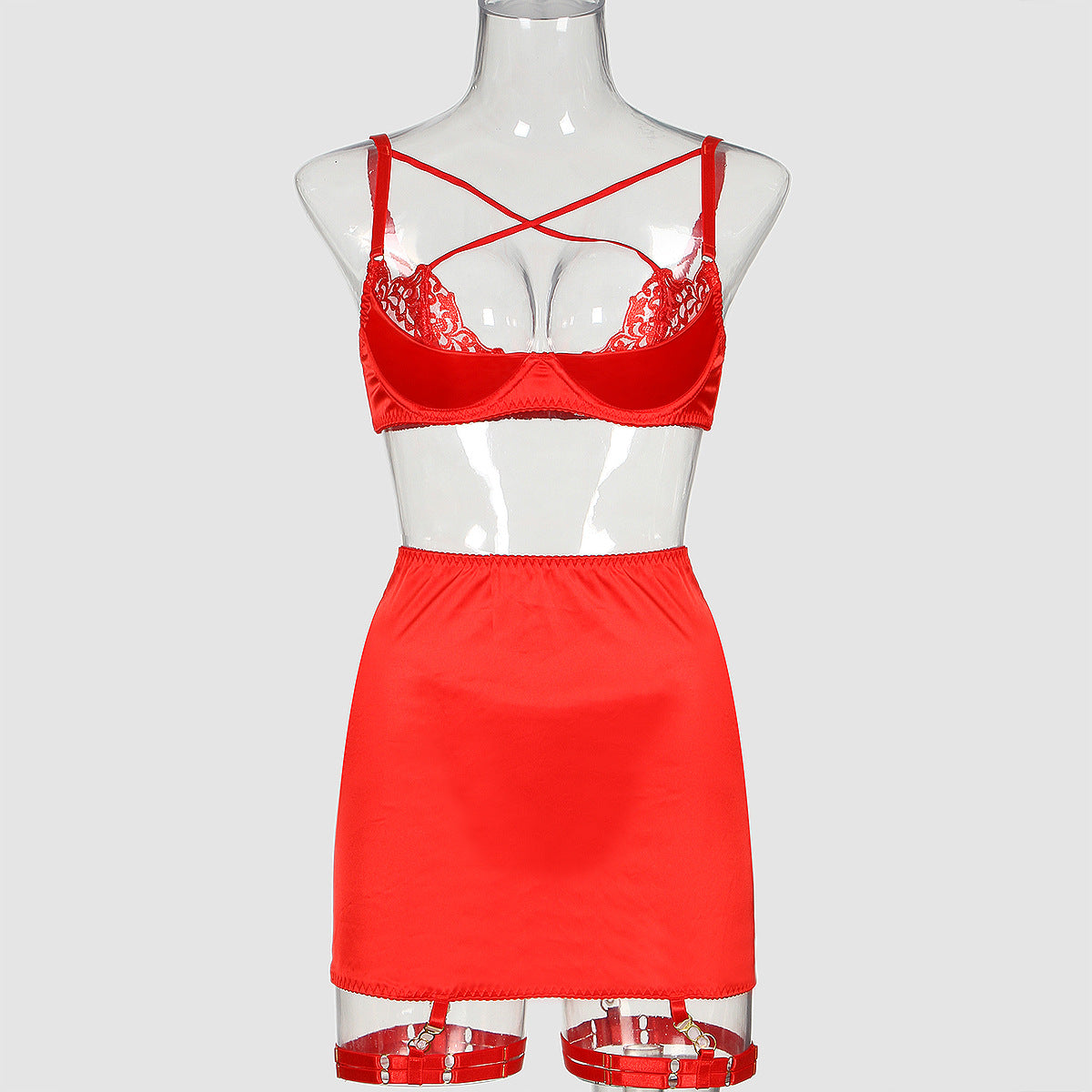 Wholesale Elegant Four-Piece Lingerie Set with Hip-Covering Skirt Front View