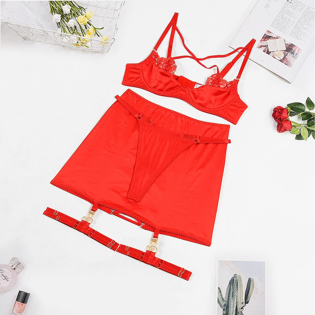 Wholesale Elegant Four-Piece Lingerie Set with Hip-Covering Skirt Over View