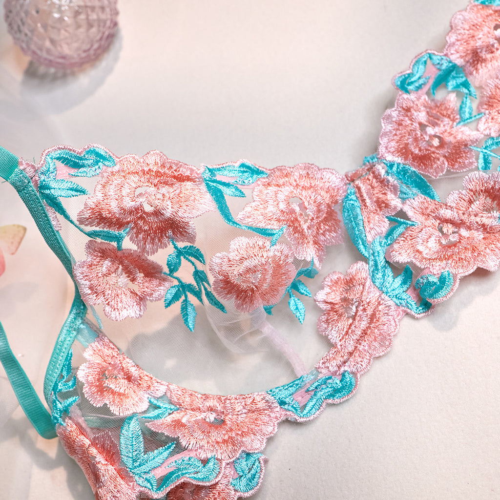 Wholesale Embroidered Bra and Panty Set with Pink Mesh Skirt Bra Details