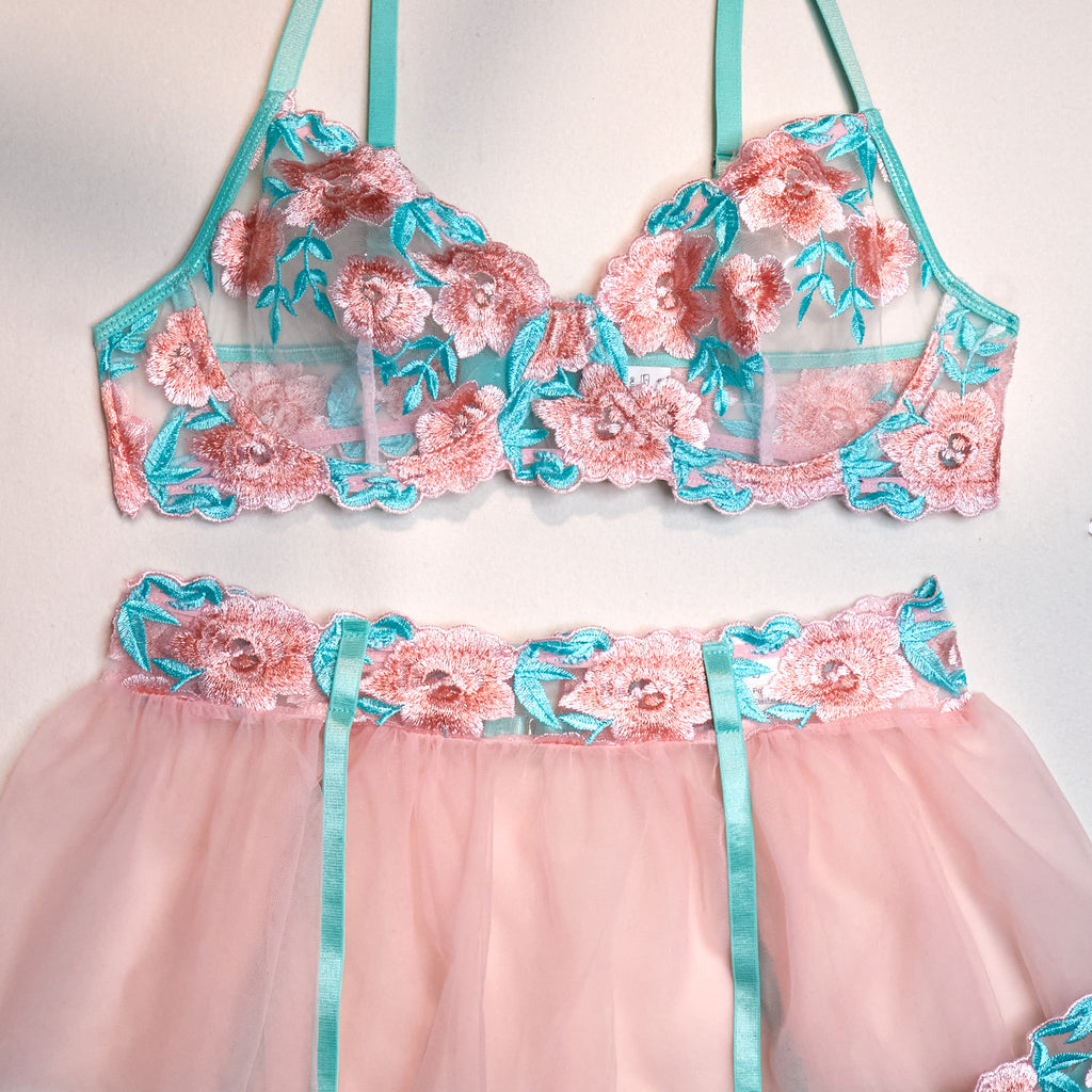 Wholesale Embroidered Bra and Panty Set with Pink Mesh Skirt Details