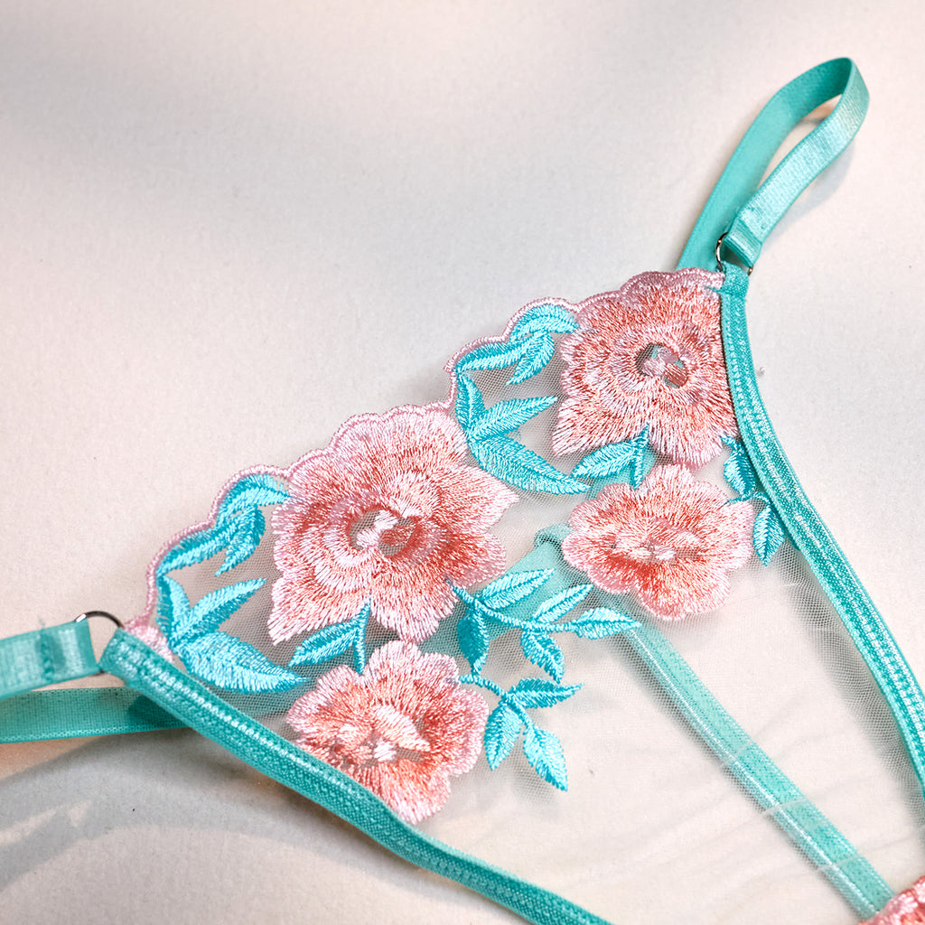 Wholesale Embroidered Bra and Panty Set with Pink Mesh Skirt Panty Details