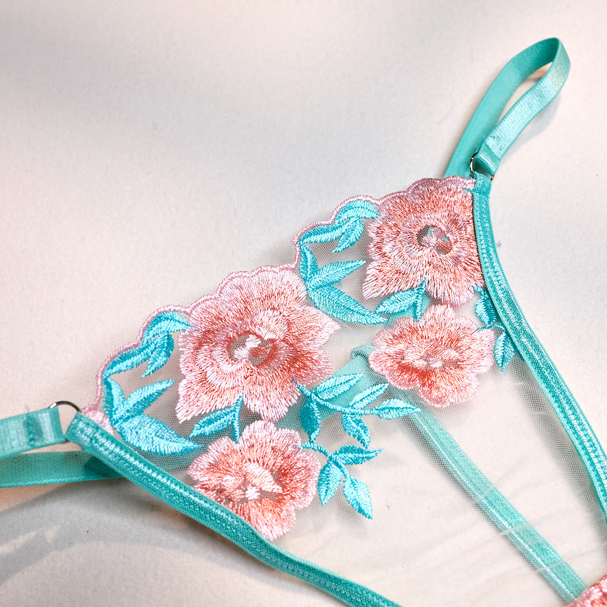 Wholesale Embroidered Bra and Panty Set with Pink Mesh Skirt Panty Details