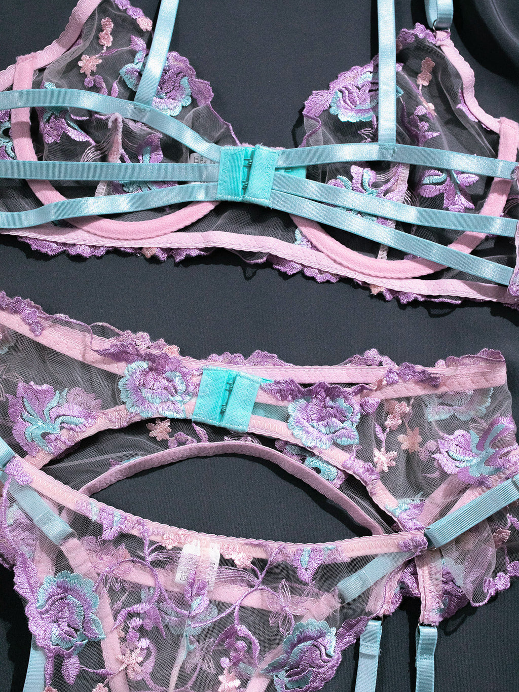 Wholesale Lilac Floral Embroidered Lingerie Set Details Show
