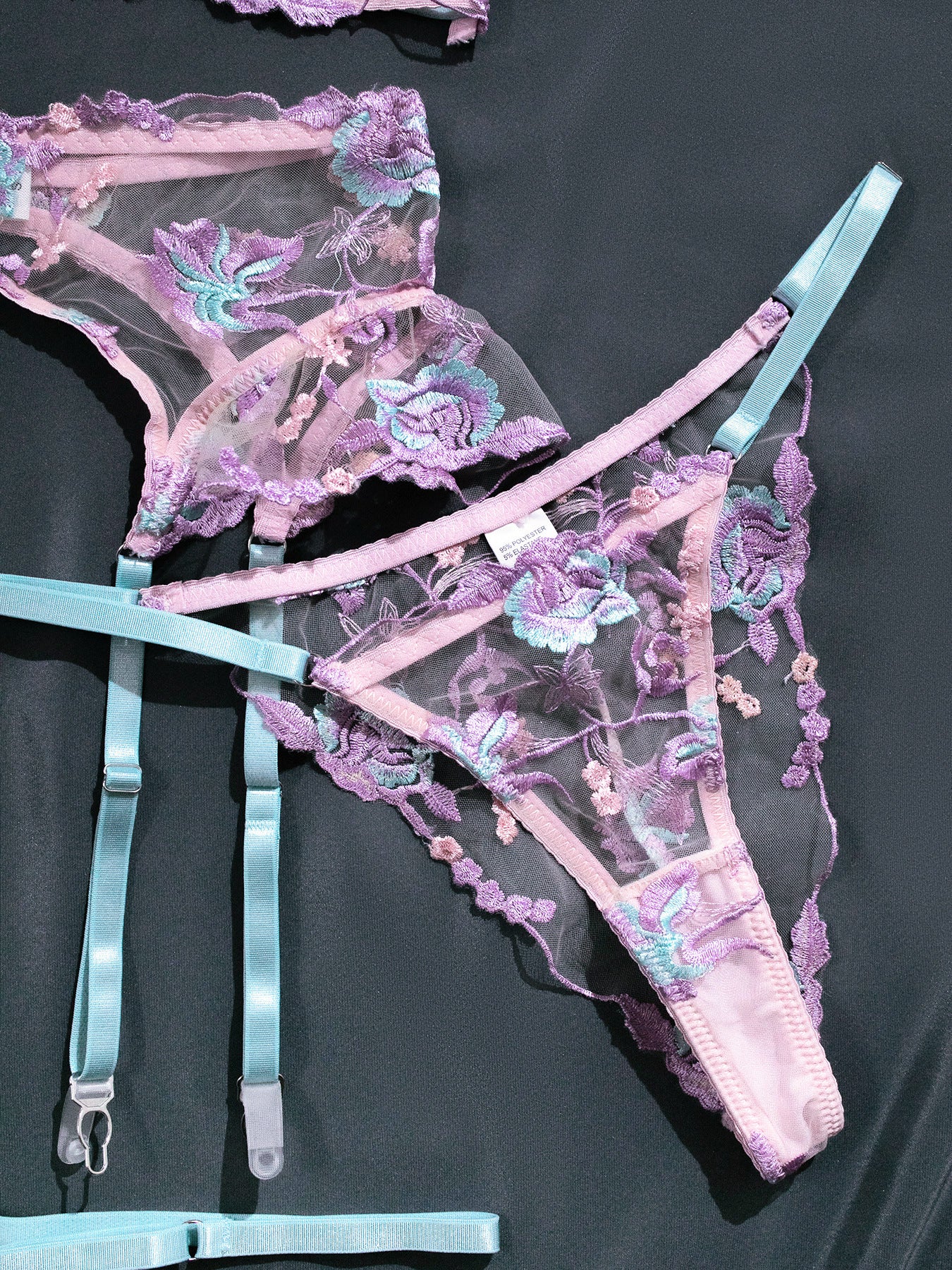 Wholesale Lilac Floral Embroidered Lingerie Set Panty Show