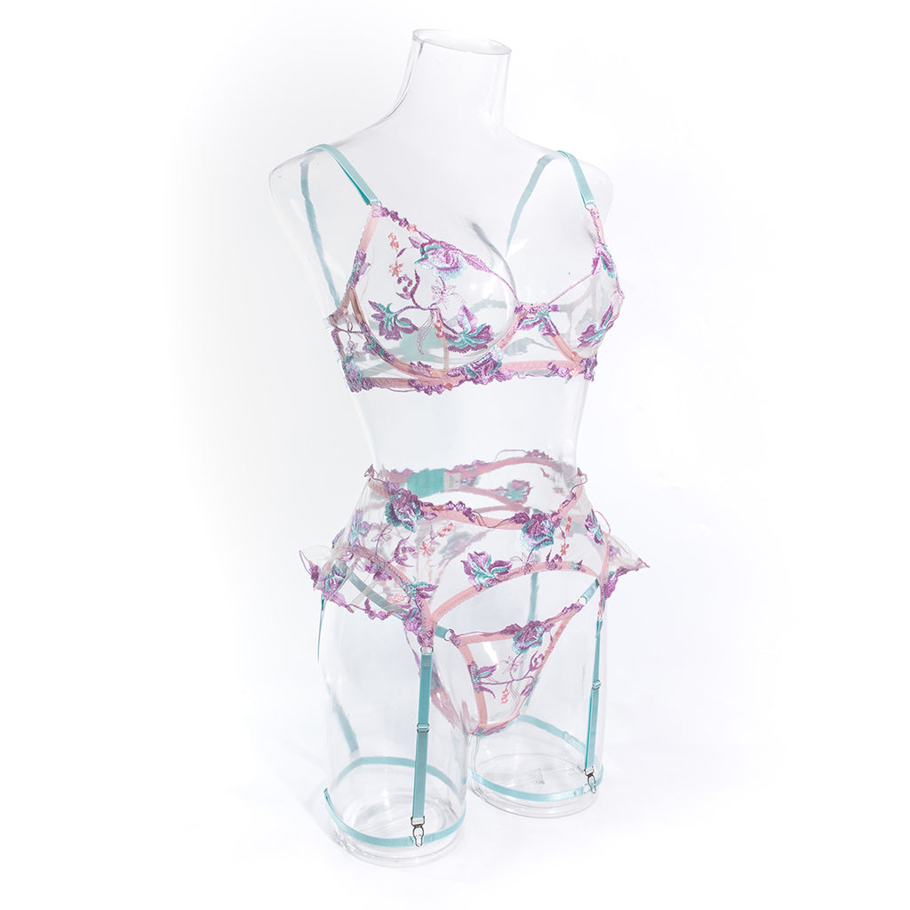 Wholesale Lilac Floral Embroidered Lingerie Set Side View