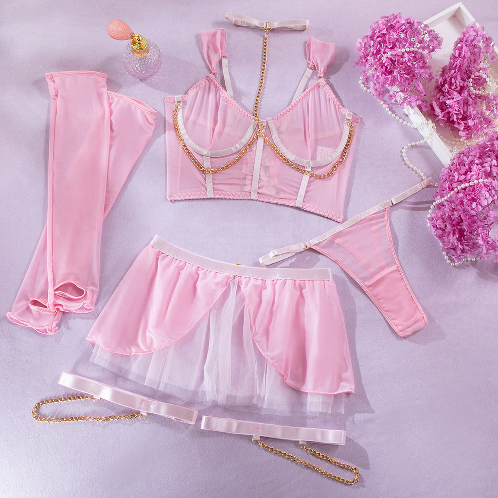 Wholesale Pink Corset Top with Mesh Sleeves Over View