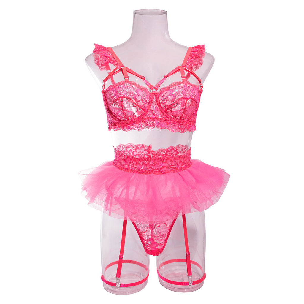 Wholesale Pink Floral Lace Underwire Lingerie Set Front Model Show