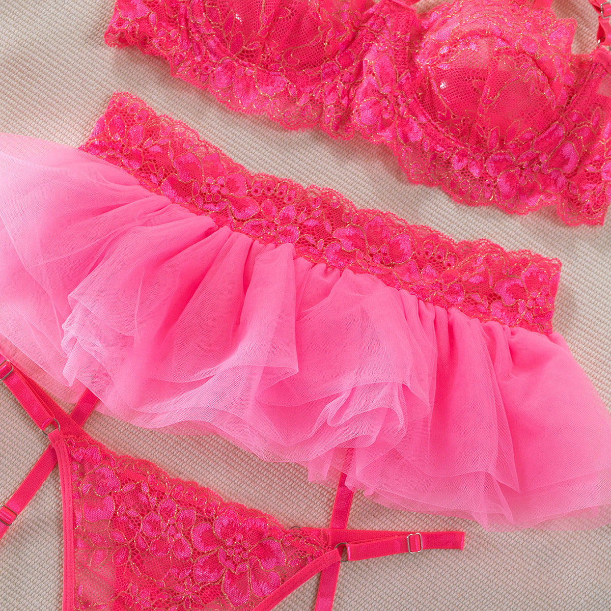 Wholesale Pink Floral Lace Underwire Lingerie Set Waist Details