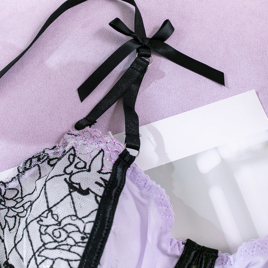 Wholesale Sheer Lace Bra and Panty Set with Matching Suspender Bow Detials