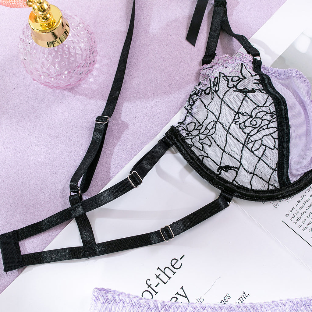 Wholesale Sheer Lace Bra and Panty Set with Matching Suspender Bra Details