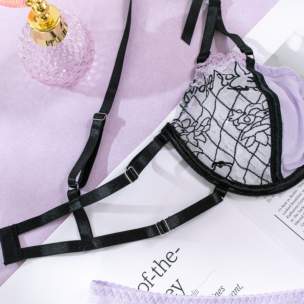 Wholesale Sheer Lace Bra and Panty Set with Matching Suspender Bra Details