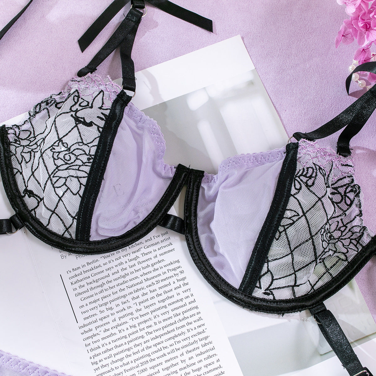 Wholesale Sheer Lace Bra and Panty Set with Matching Suspender Bra Show