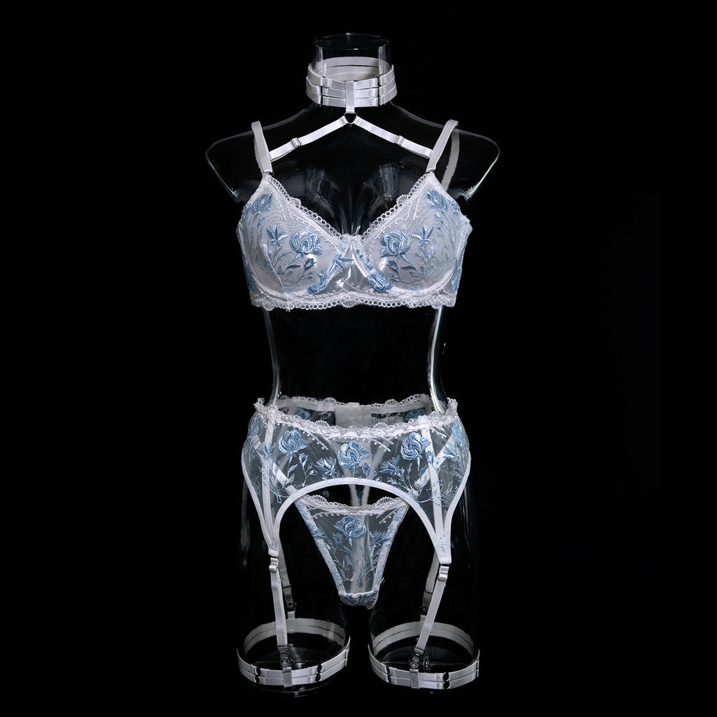 Wholesale White Bra and Knickers Set with Flower Embroidery Front Display