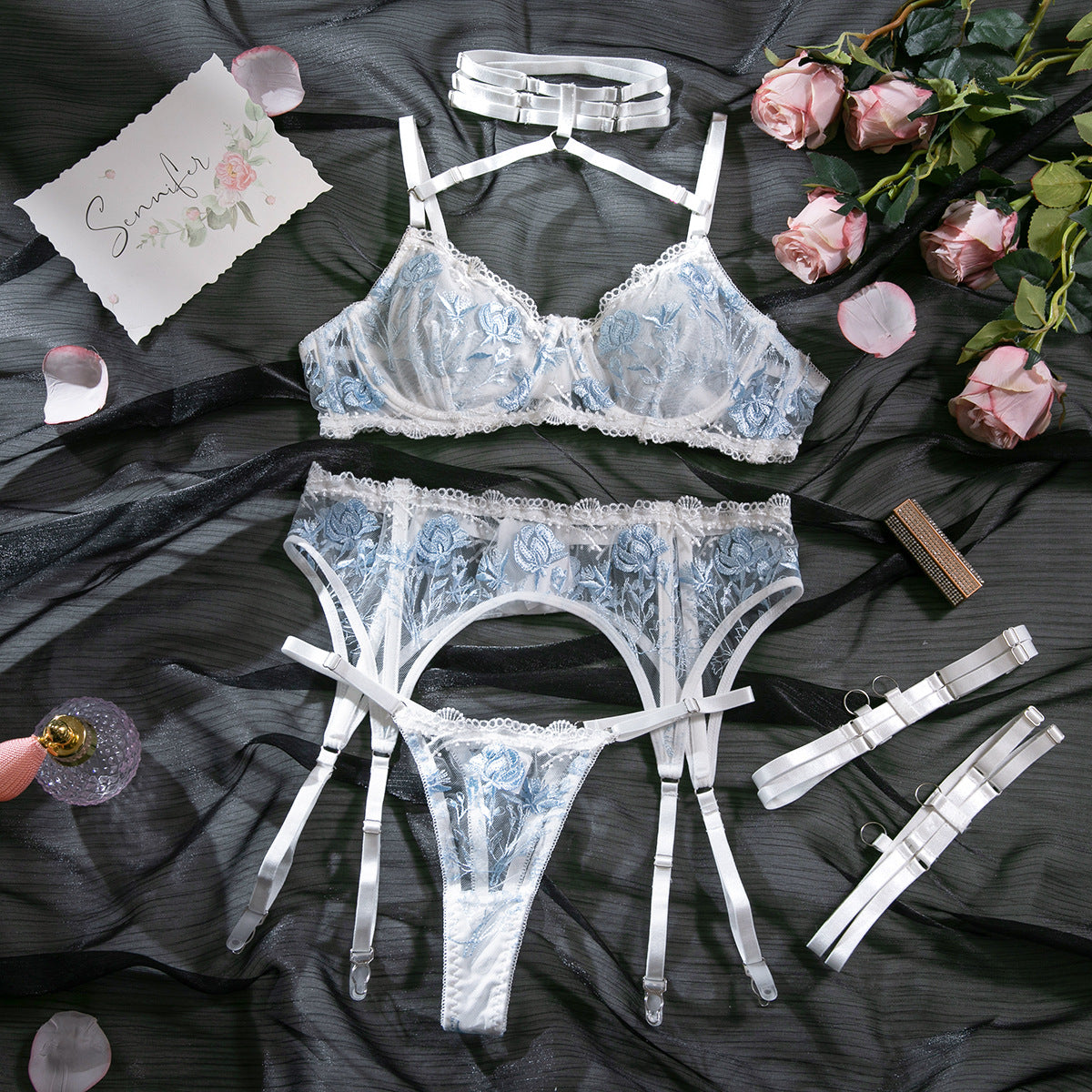 Wholesale White Bra and Knickers Set with Flower Embroidery Over View