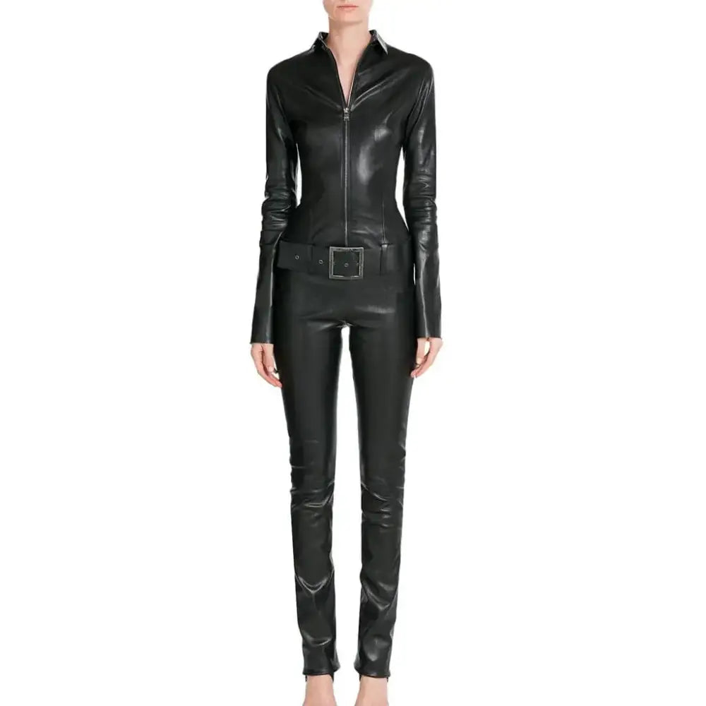 Women’s Belted Leather Jumpsuit