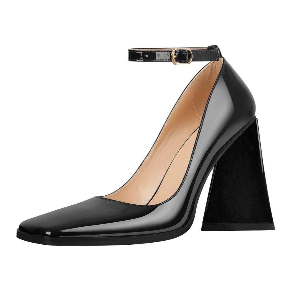 Chunky Square Toe Ankle Strap Heels