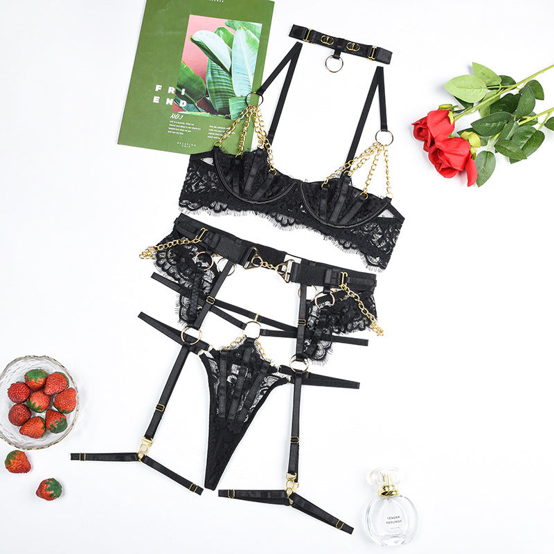 wholesale Black Valentine's Day Sexy Half Cup Bra Set with Metal Chain Detailing Over View