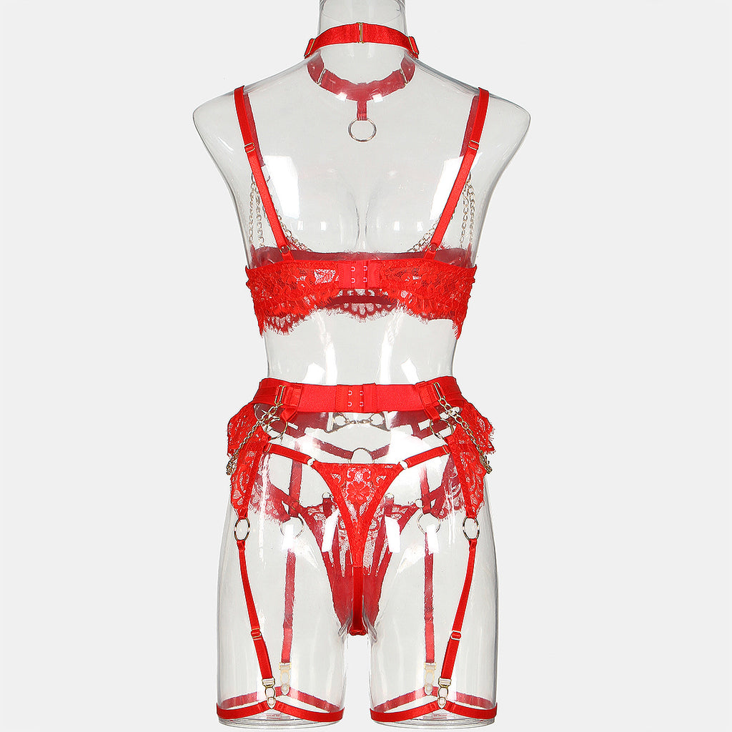 wholesale Red Valentine's Day Sexy Half Cup Bra Set with Metal Chain Detailing Back view