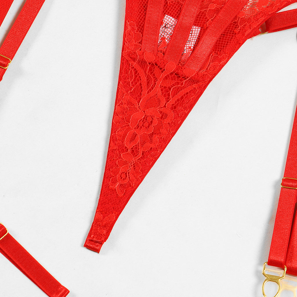 wholesale Red Valentine's Day Sexy Half Cup Bra Set with Metal Chain Detailing Crotch Details
