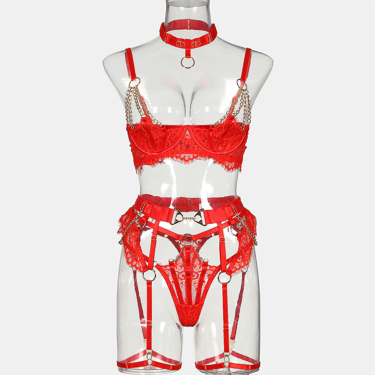 wholesale Red Valentine's Day Sexy Half Cup Bra Set with Metal Chain Detailing Front View