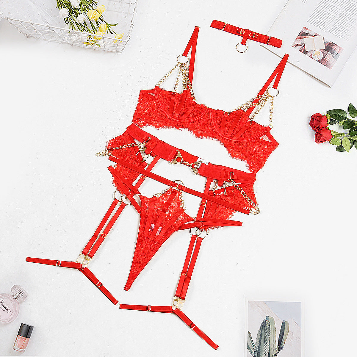 wholesale Red Valentine's Day Sexy Half Cup Bra Set with Metal Chain Detailing Over View