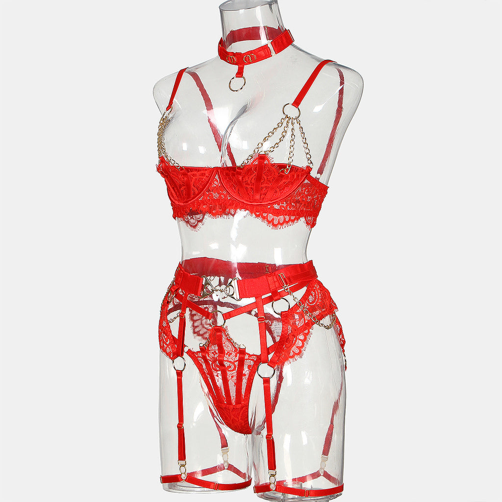wholesale Red Valentine's Day Sexy Half Cup Bra Set with Metal Chain Detailing Side View