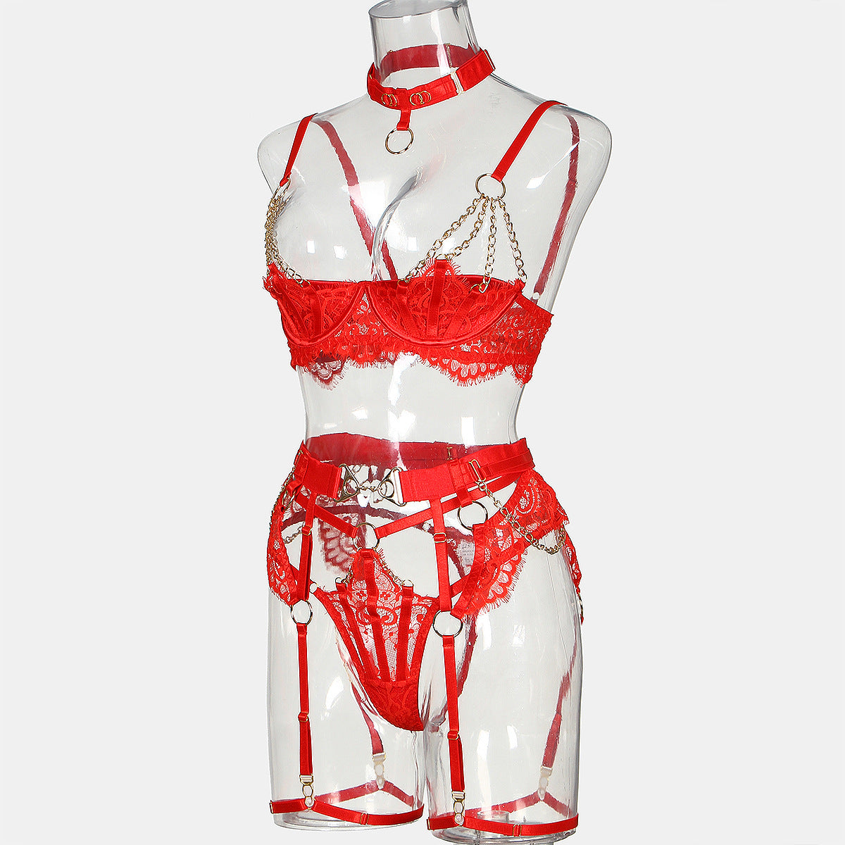 wholesale Red Valentine's Day Sexy Half Cup Bra Set with Metal Chain Detailing Side View
