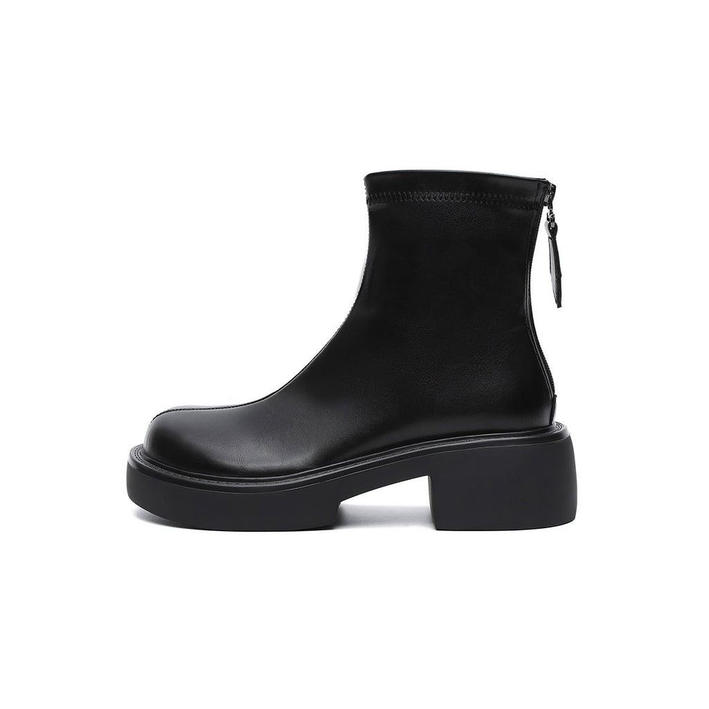Women's Platform Ankle Boots – Black Leather Zip-Up