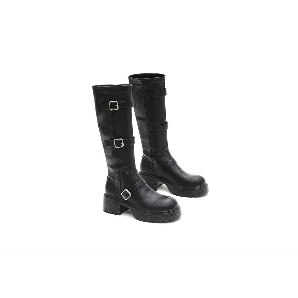 Women's Triple Buckle Knee-High Leather Boots